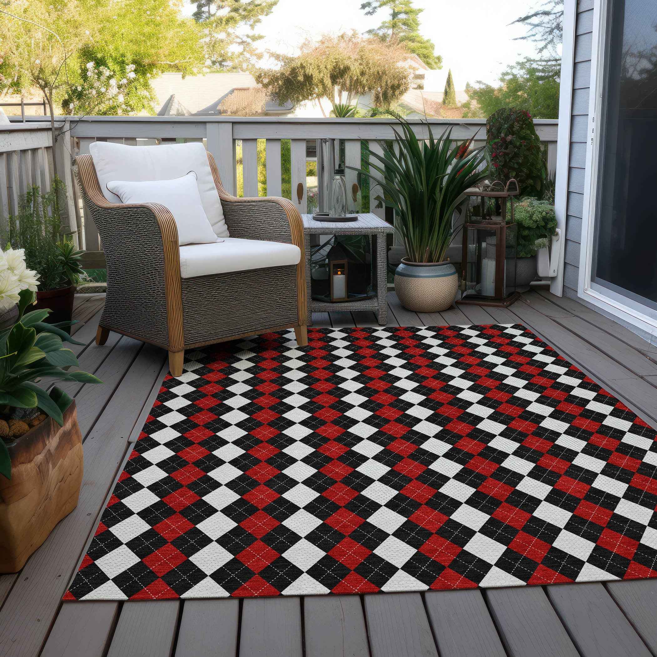 10' X 14' Black Red And White Argyle Washable Indoor Outdoor Area Rug
