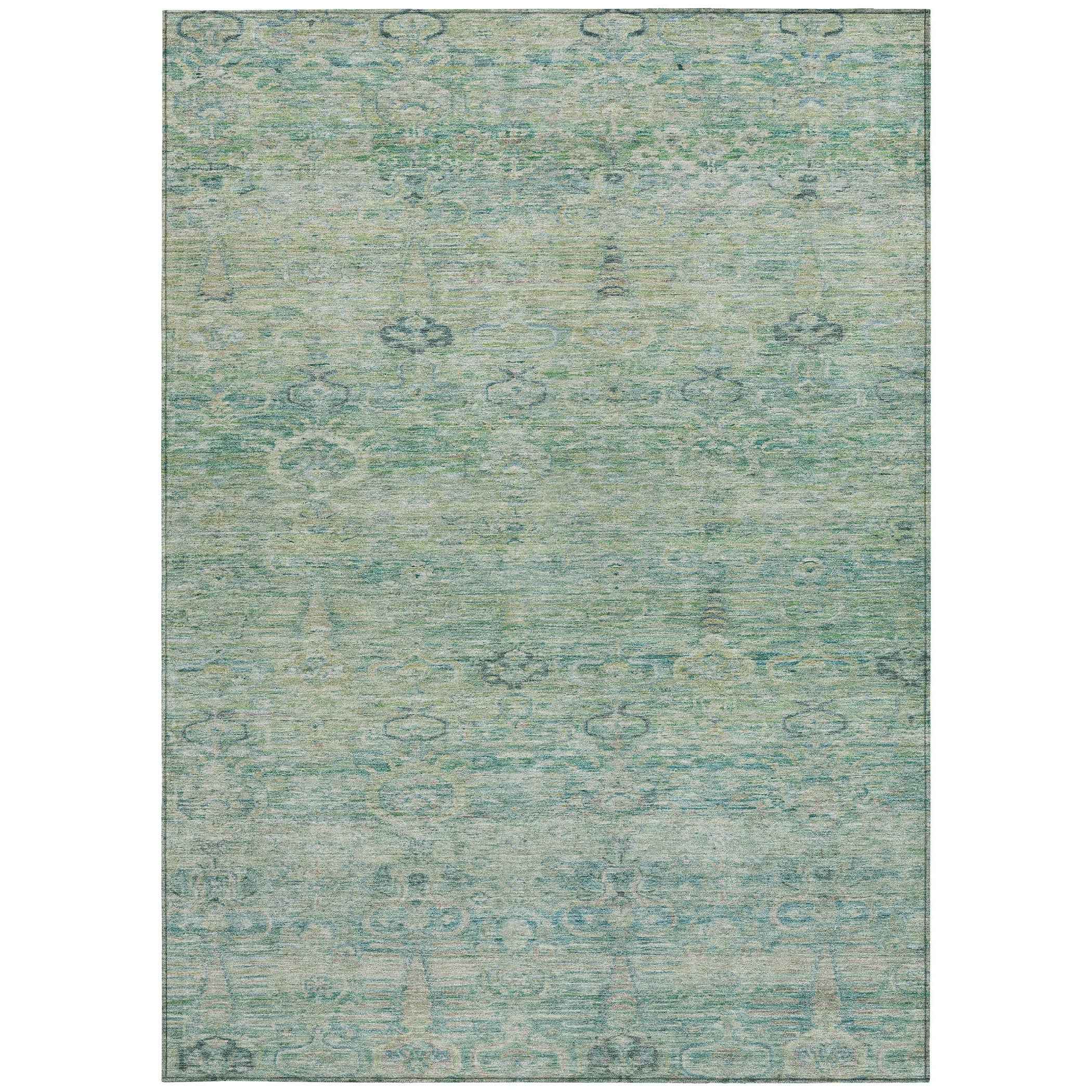 3' X 5' Teal Blue And Linen Oriental Washable Indoor Outdoor Area Rug