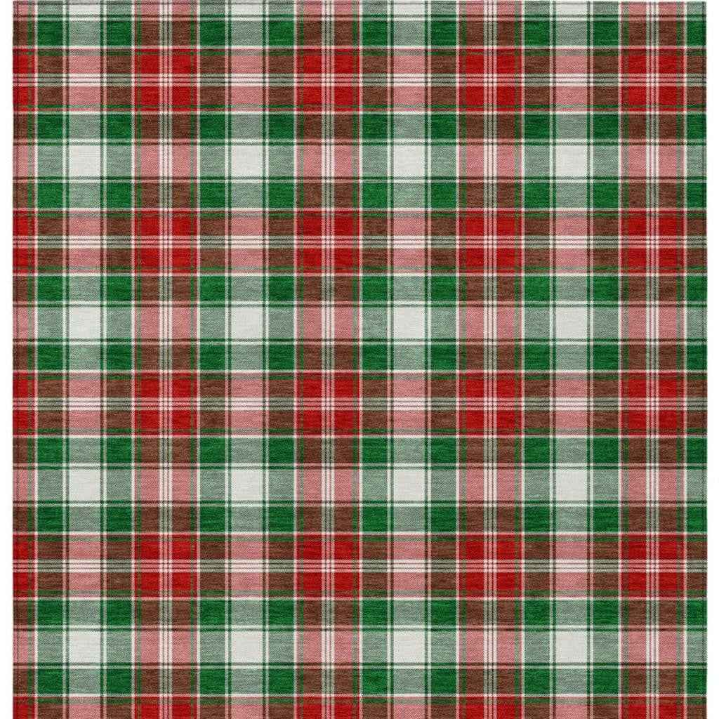 10' X 14' Emerald Red And White Plaid Washable Indoor Outdoor Area Rug