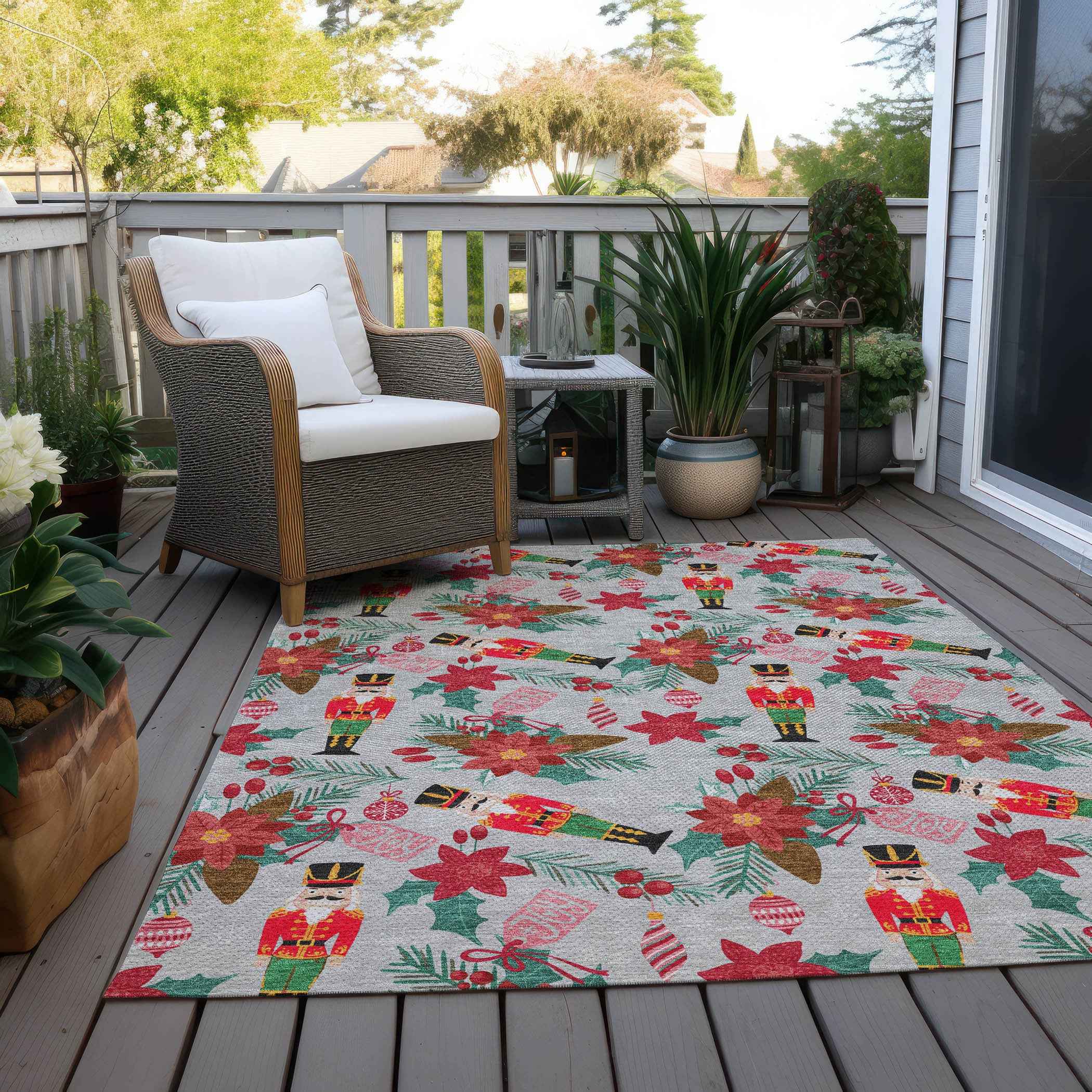 8' X 10' Silver Red Black Pink And Brown Floral Washable Indoor Outdoor Area Rug
