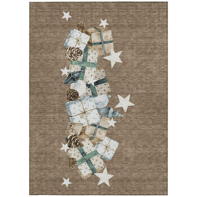 5' X 8' Brown Beige Ivory And Taupe Geometric Washable Indoor Outdoor Area Rug