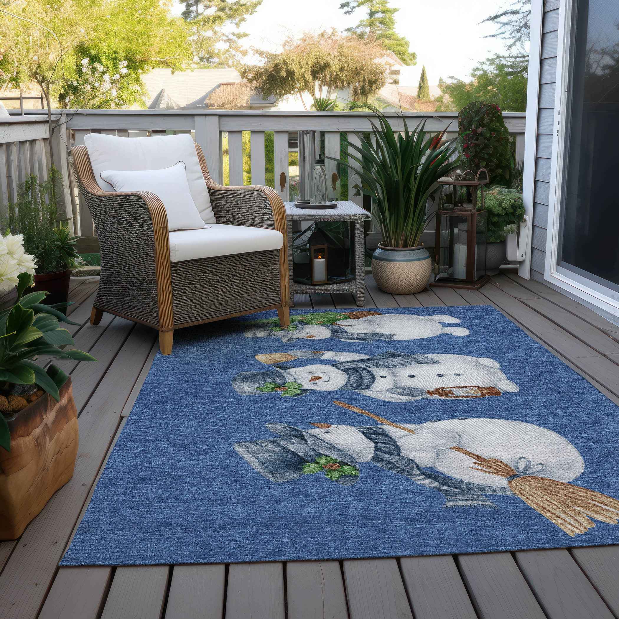 5' X 8' Navy Blue Denim Blue And Ivory Botanical Leaves Washable Indoor Outdoor Area Rug