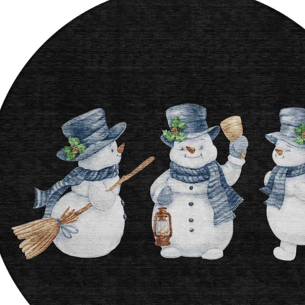 8' Black Denim Blue And Ivory Round Botanical Leaves Washable Indoor Outdoor Area Rug