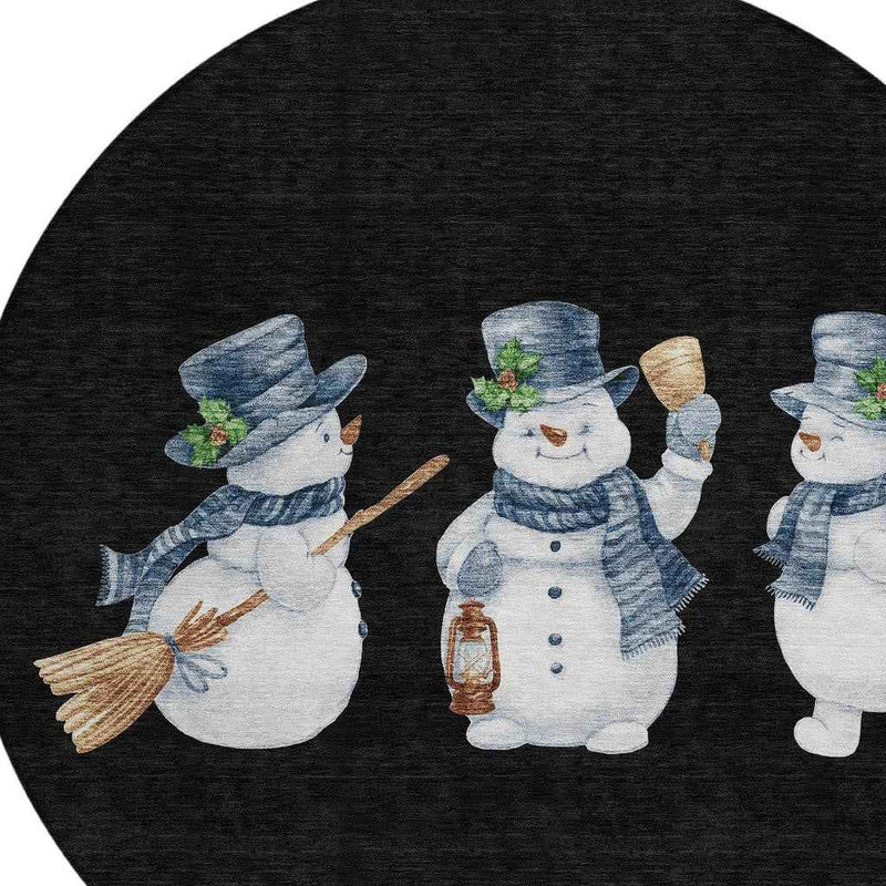 8' Black Denim Blue And Ivory Round Botanical Leaves Washable Indoor Outdoor Area Rug