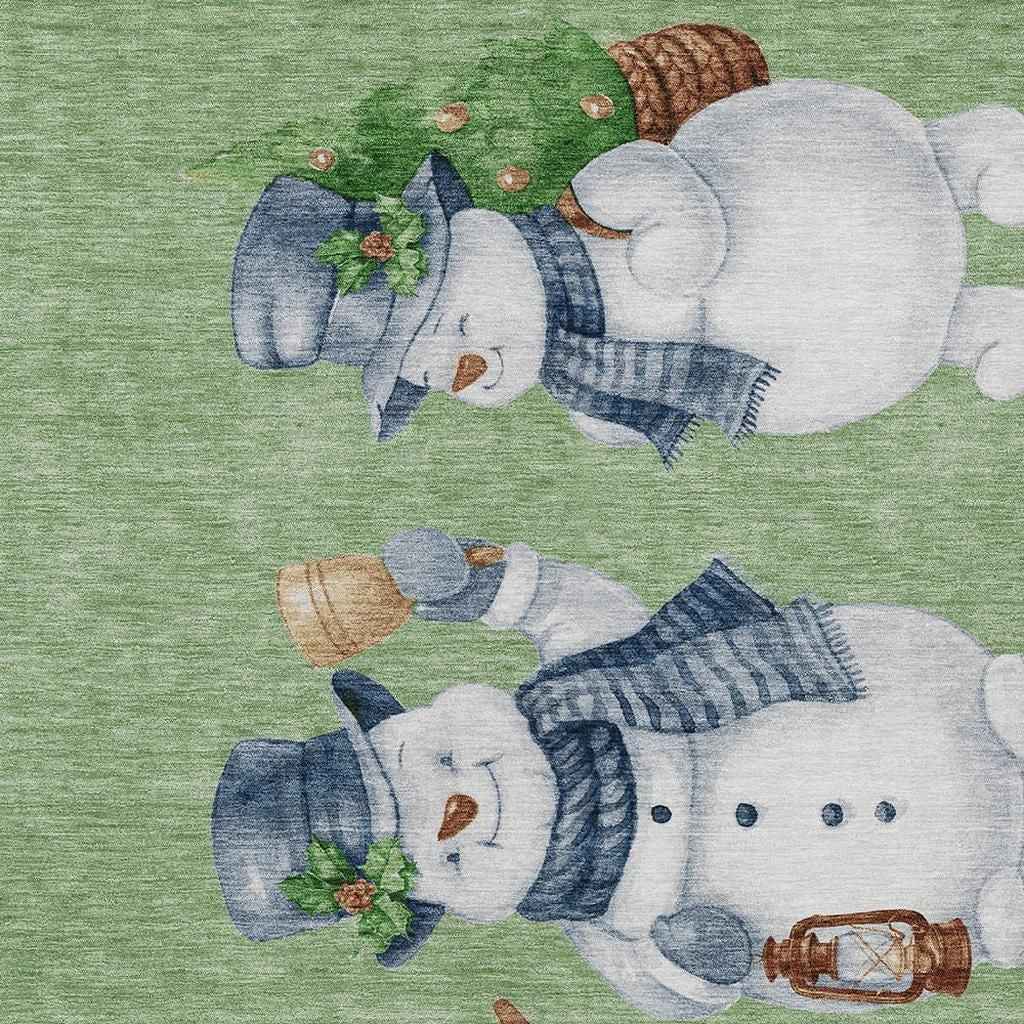 9' X 12' Artichoke Green Denim Blue And Ivory Botanical Leaves Washable Indoor Outdoor Area Rug