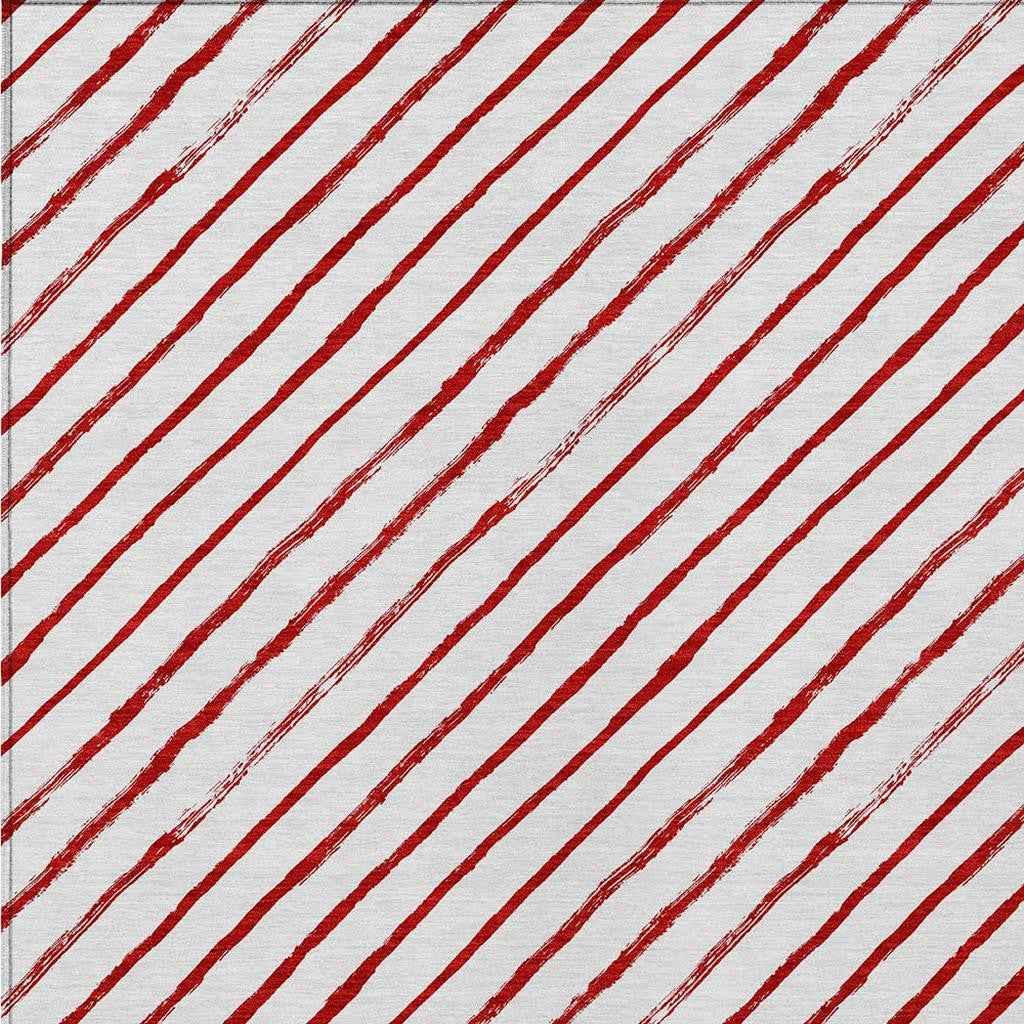 9' X 12' Red And White Striped Washable Indoor Outdoor Area Rug