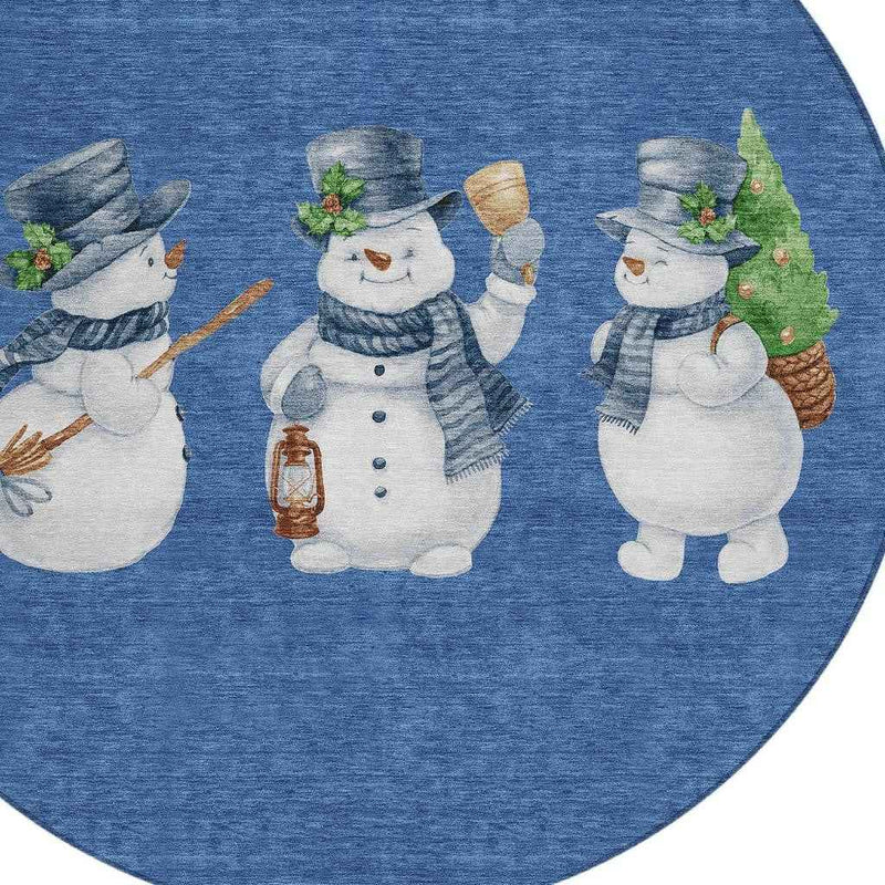 8' Navy Blue Denim Blue And Ivory Round Botanical Leaves Washable Indoor Outdoor Area Rug