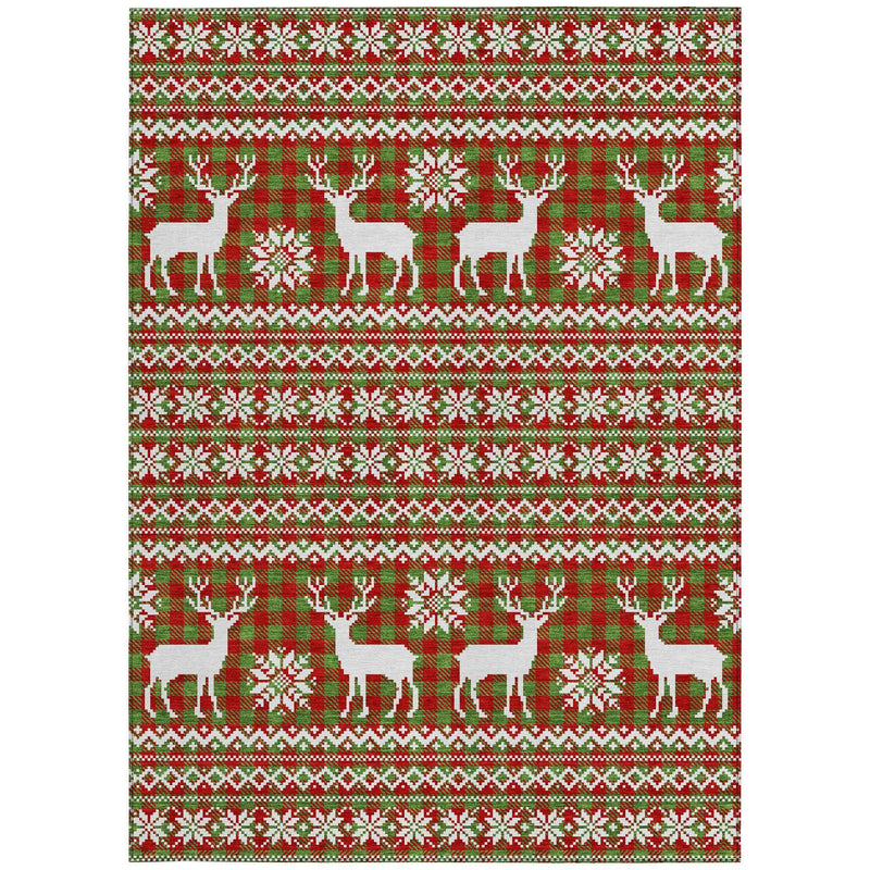 10' X 14' Fern Green Red And Ivory Animal Print Washable Indoor Outdoor Area Rug