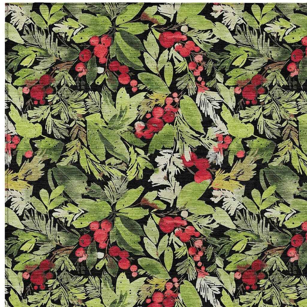 10' X 14' Black Green And Red Botanical Leaves Washable Indoor Outdoor Area Rug