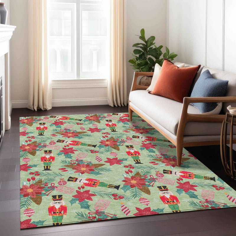 10' X 14' Artichoke Green Red Black Pink And Brown Floral Washable Indoor Outdoor Area Rug