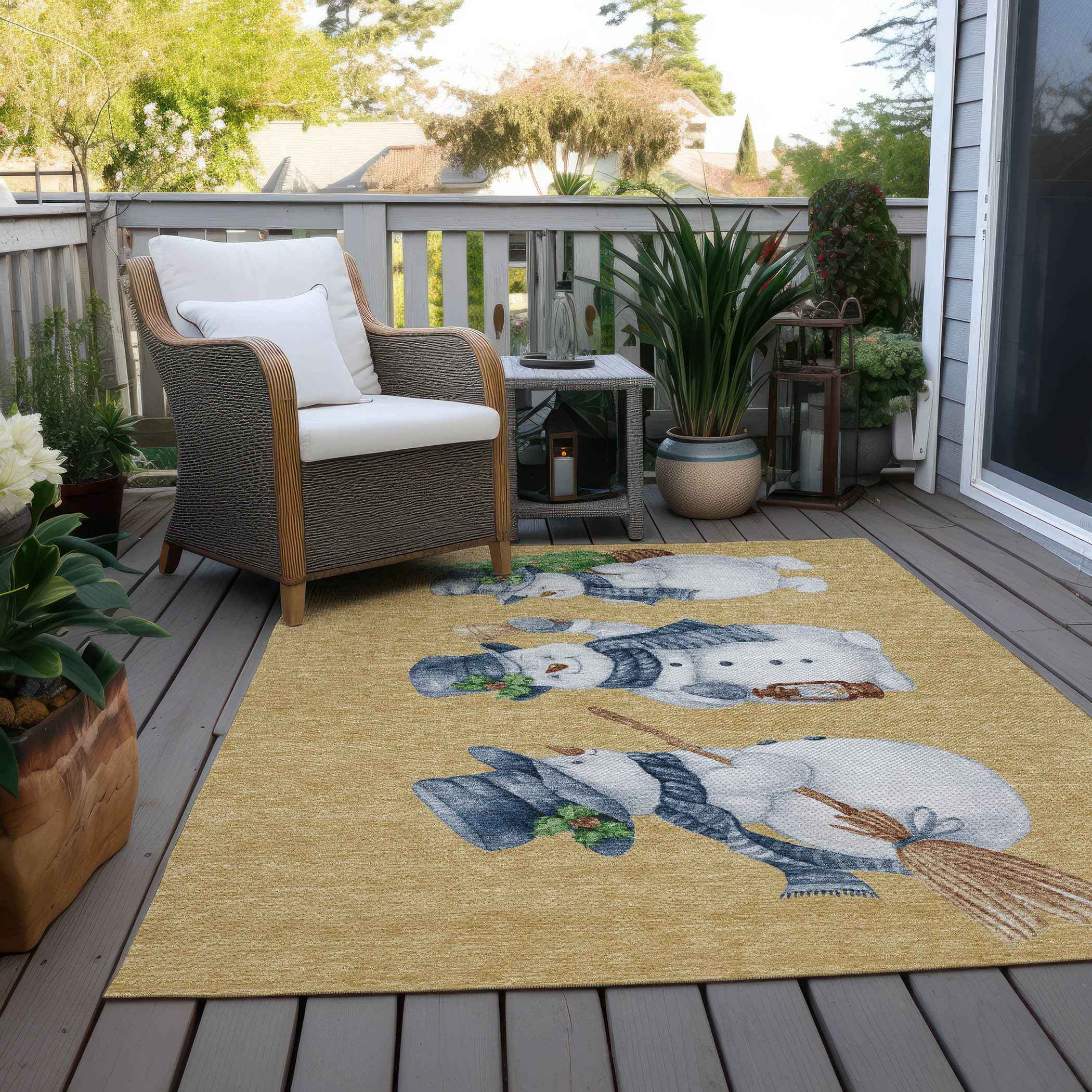 5' X 8' Gold Denim Blue And Ivory Botanical Leaves Washable Indoor Outdoor Area Rug