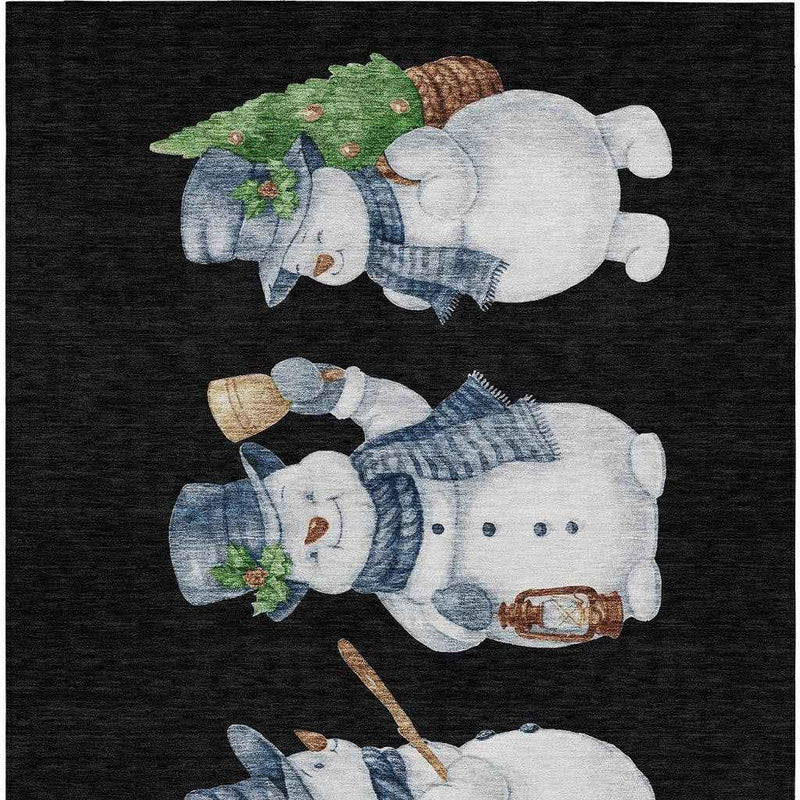 3' X 5' Black Denim Blue And Ivory Snowmen Washable Indoor Outdoor Area Rug