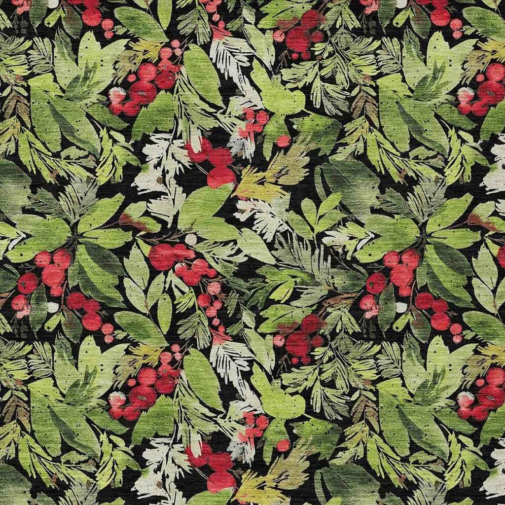 8' X 10' Black Green And Red Botanical Leaves Washable Indoor Outdoor Area Rug