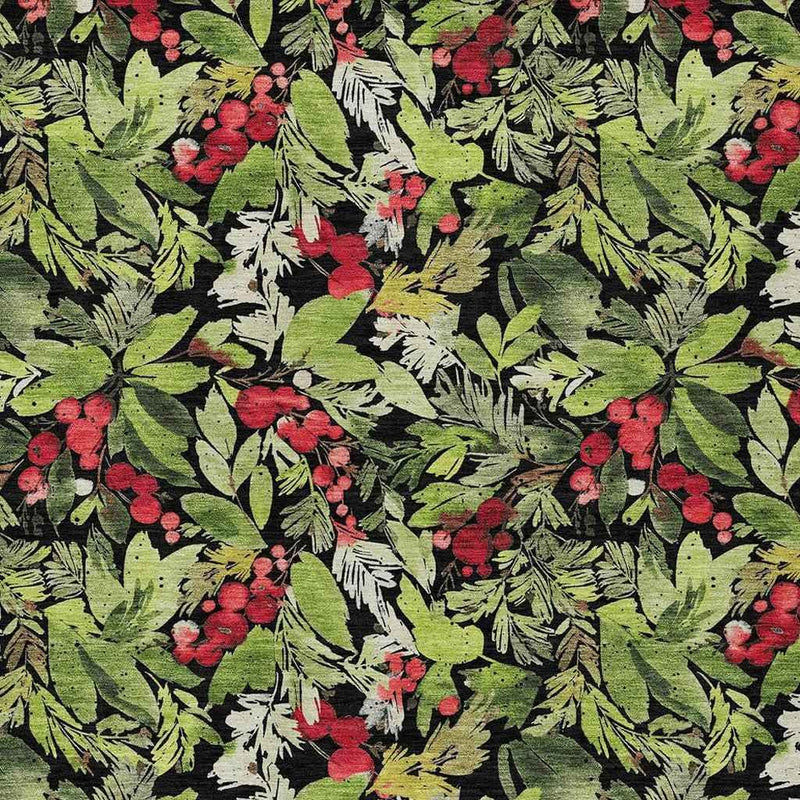 8' X 10' Black Green And Red Botanical Leaves Washable Indoor Outdoor Area Rug