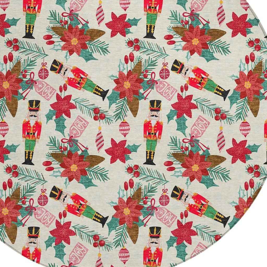 8' Ivory Red Black Pink And Brown Round Floral Washable Indoor Outdoor Area Rug