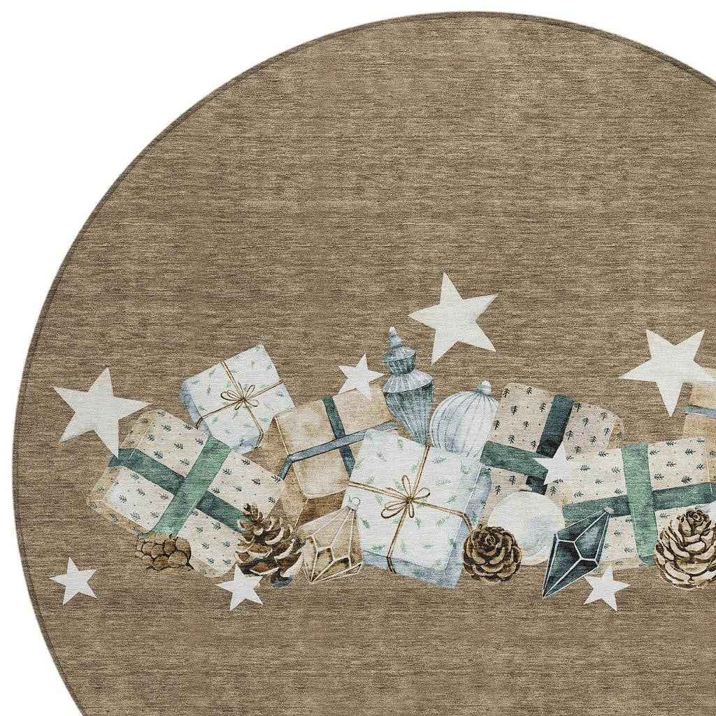 8' Brown Beige Ivory And Taupe Round Presents Washable Indoor Outdoor Area Rug