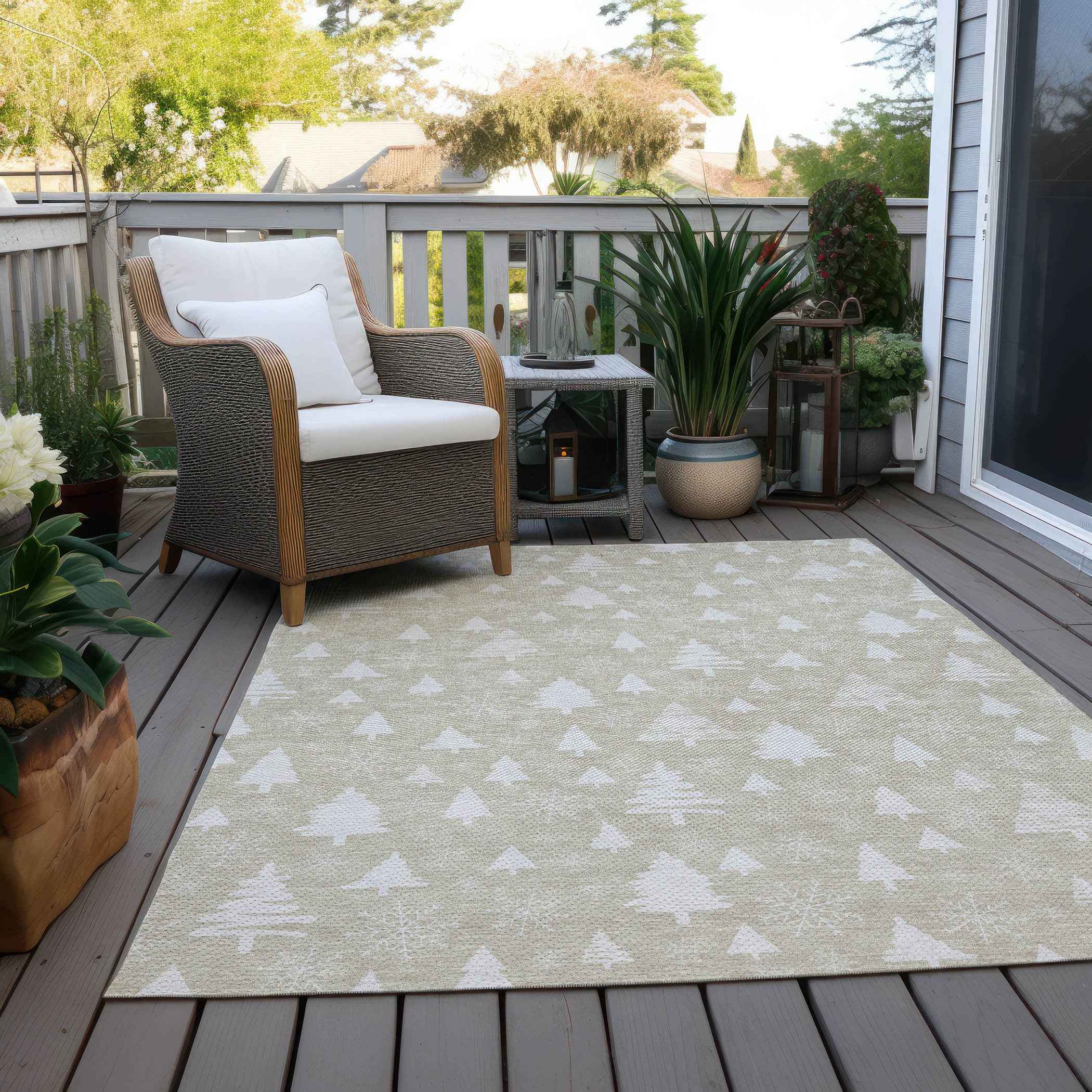 10' X 14' Beige And Ivory Botanical Leaves Washable Indoor Outdoor Area Rug