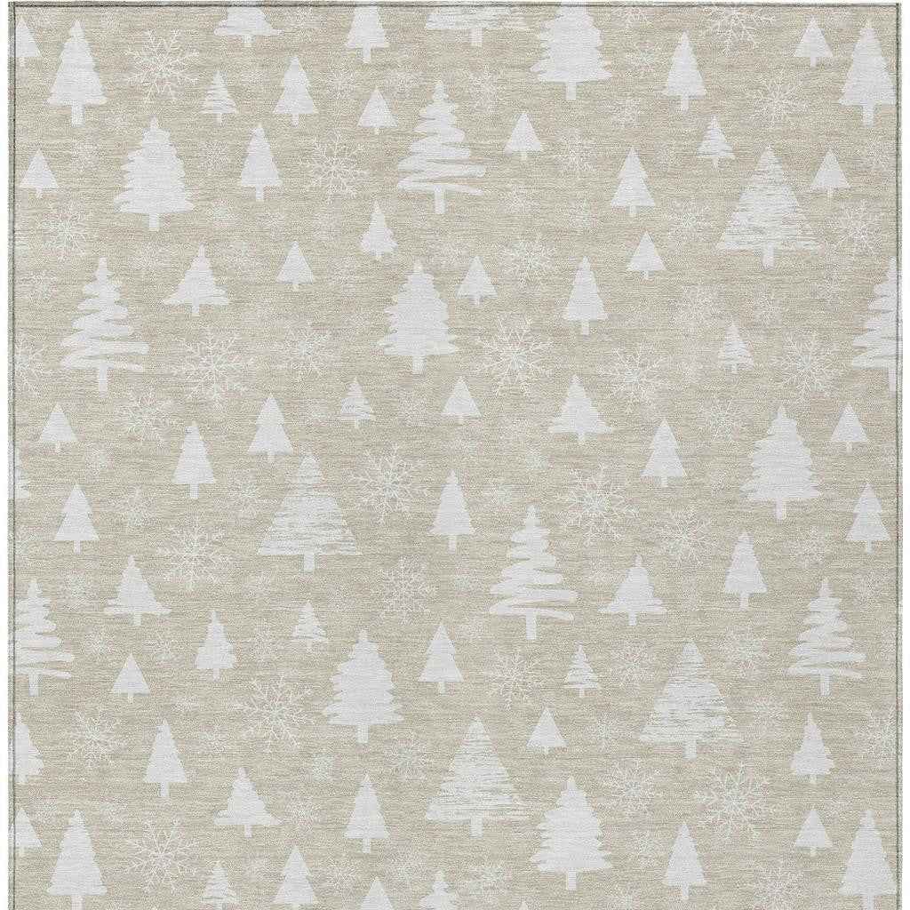 10' X 14' Beige And Ivory Botanical Leaves Washable Indoor Outdoor Area Rug