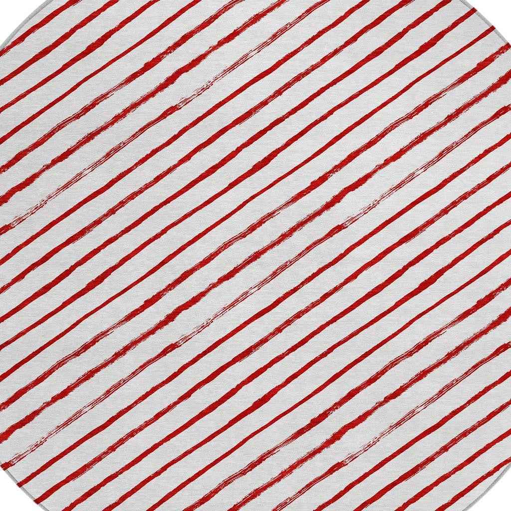 8' Red And White Round Striped Washable Indoor Outdoor Area Rug