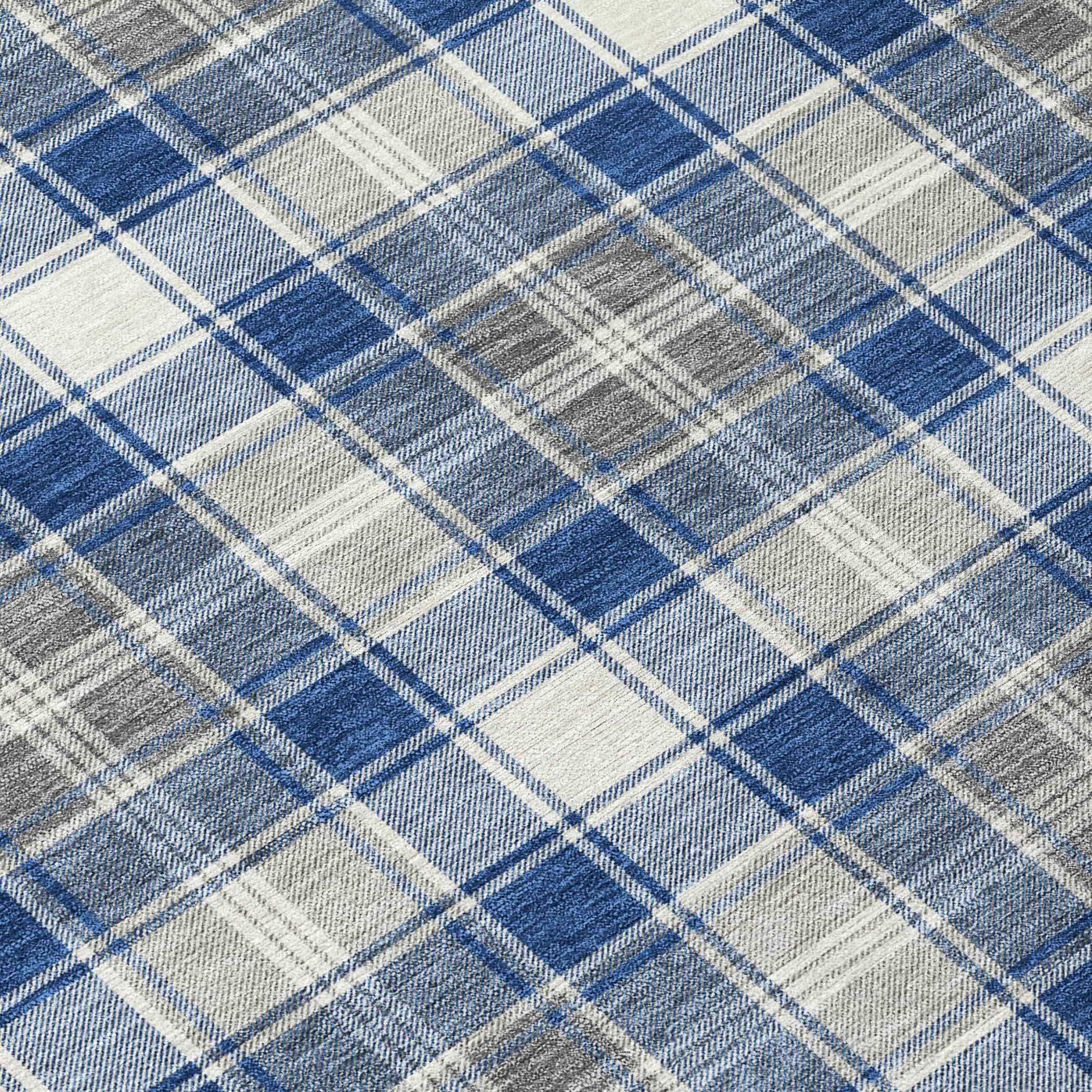 3' X 5' Navy Blue Ivory And Gray Plaid Washable Indoor Outdoor Area Rug