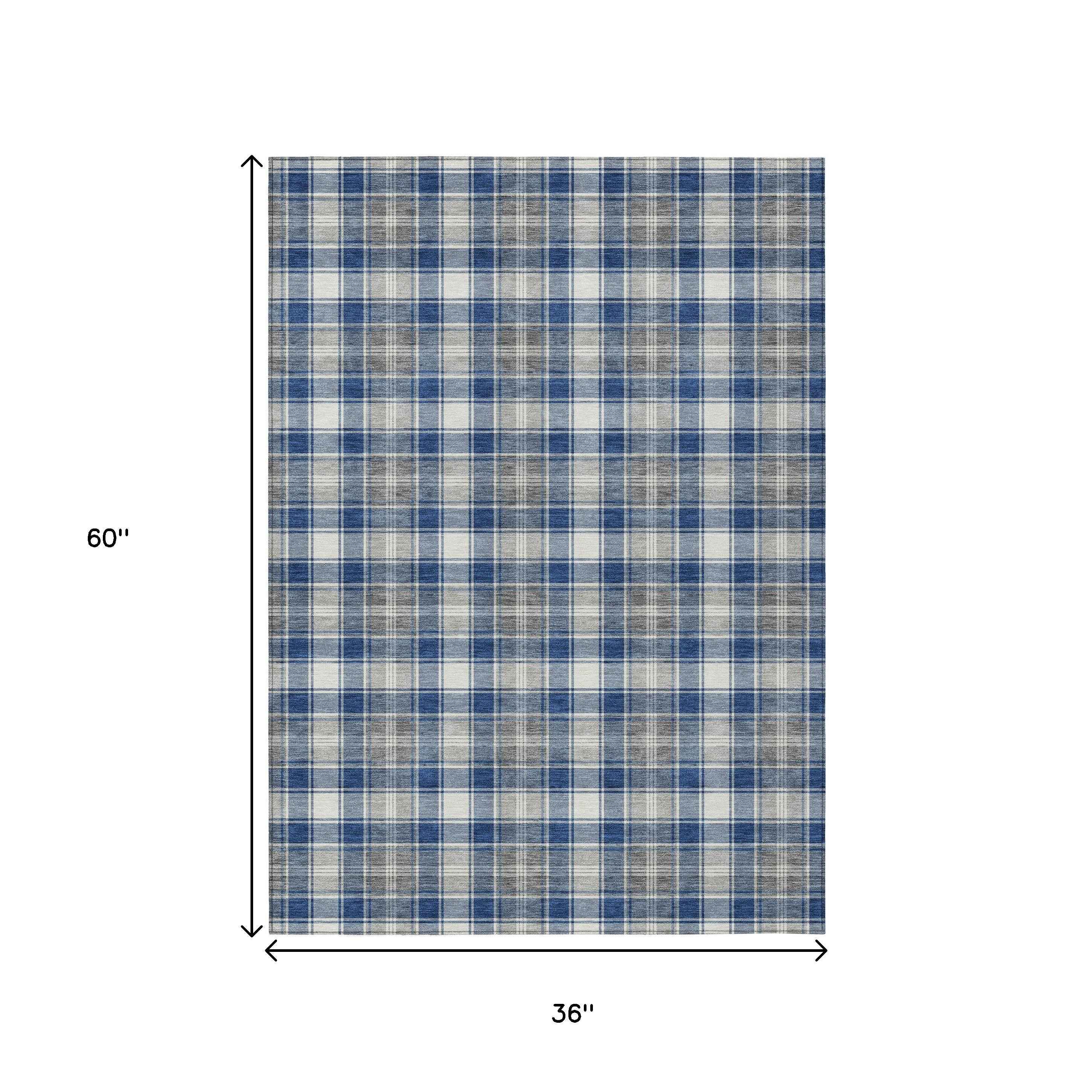 3' X 5' Navy Blue Ivory And Gray Plaid Washable Indoor Outdoor Area Rug