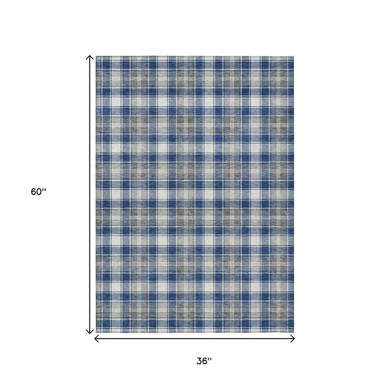 3' X 5' Navy Blue Ivory And Gray Plaid Washable Indoor Outdoor Area Rug