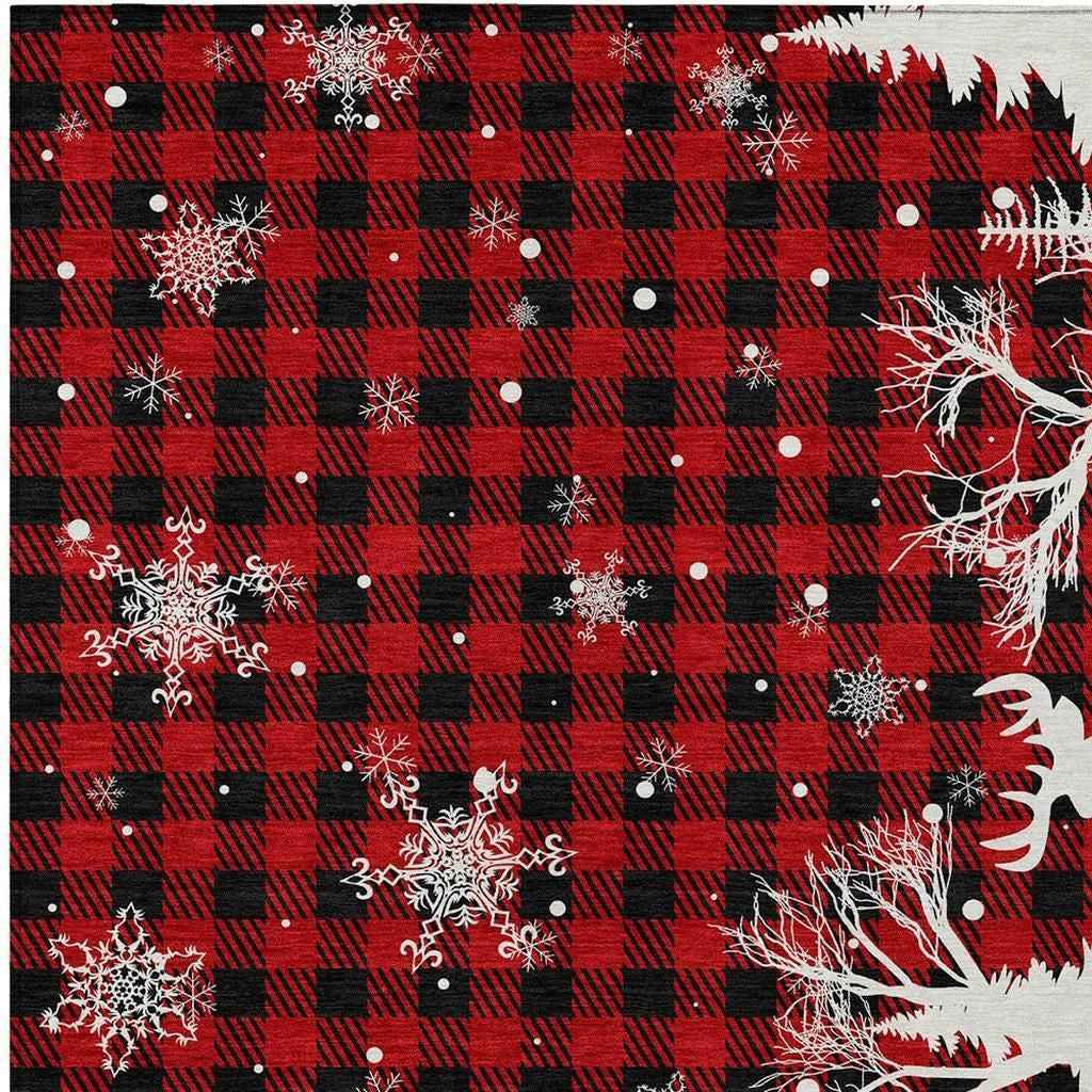 5' X 8' Red Black And Ivory Plaid Washable Indoor Outdoor Area Rug