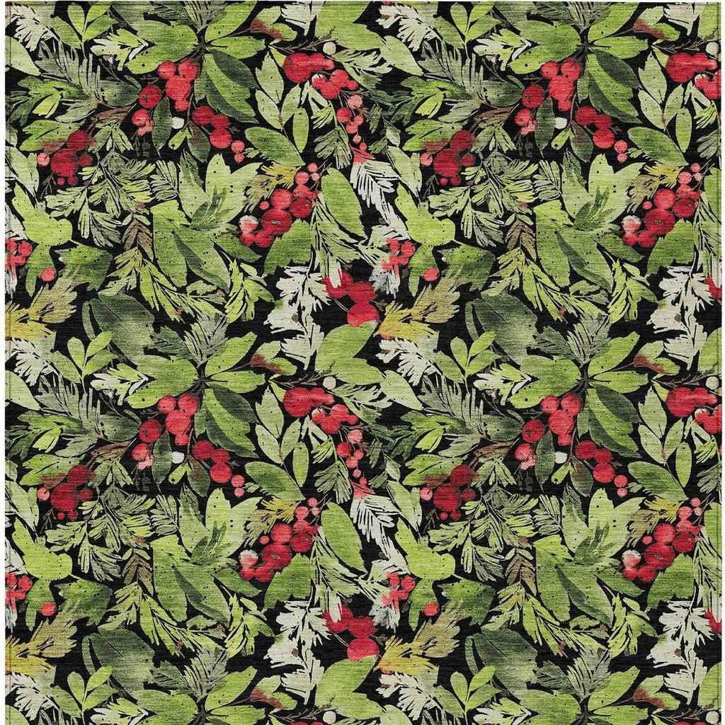 3' X 5' Black Green And Red Botanical Leaves Washable Indoor Outdoor Area Rug