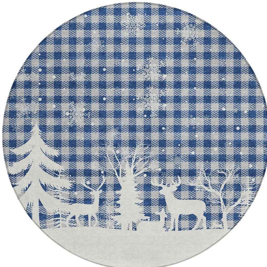 8' Blue Ivory And Gray Round Plaid Washable Indoor Outdoor Area Rug