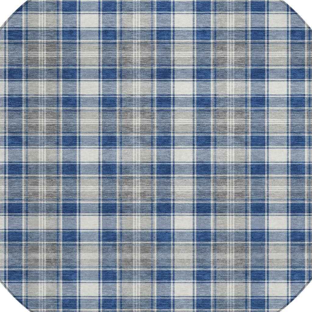 8' Navy Blue Ivory And Gray Round Plaid Washable Indoor Outdoor Area Rug