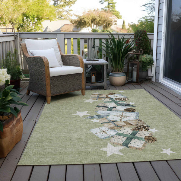 5' X 8' Artichoke Green Beige Ivory And Taupe Geometric Washable Indoor Outdoor Area Rug