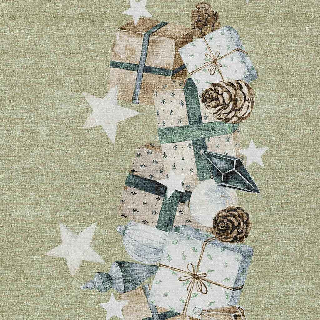 5' X 8' Artichoke Green Beige Ivory And Taupe Geometric Washable Indoor Outdoor Area Rug