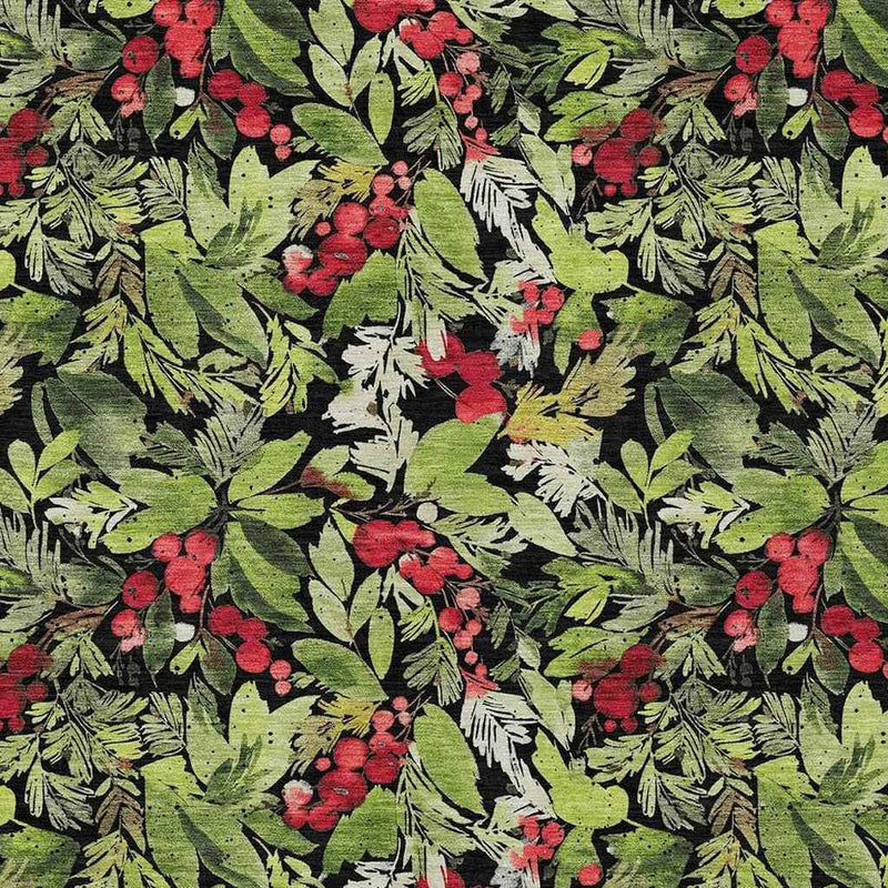 5' X 8' Black Green And Red Botanical Leaves Washable Indoor Outdoor Area Rug