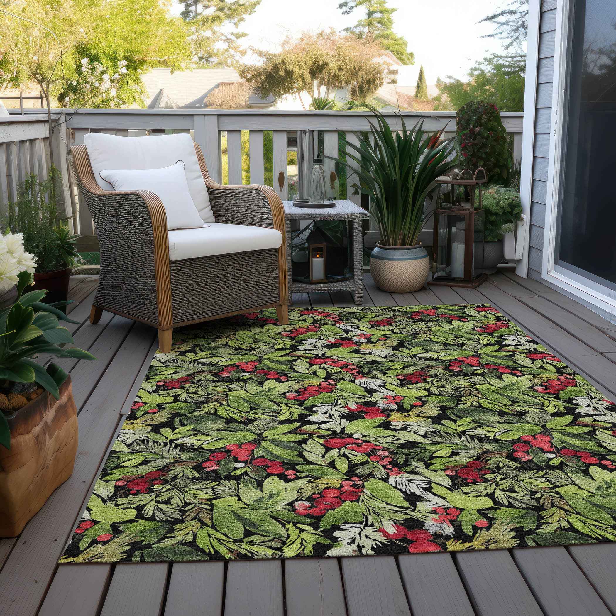 9' X 12' Black Green And Red Botanical Leaves Washable Indoor Outdoor Area Rug