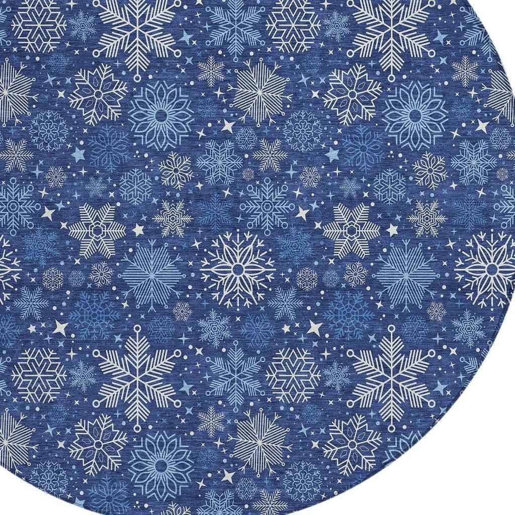 8' Navy Blue Ivory And Sky Blue Round Medallion Washable Indoor Outdoor Area Rug