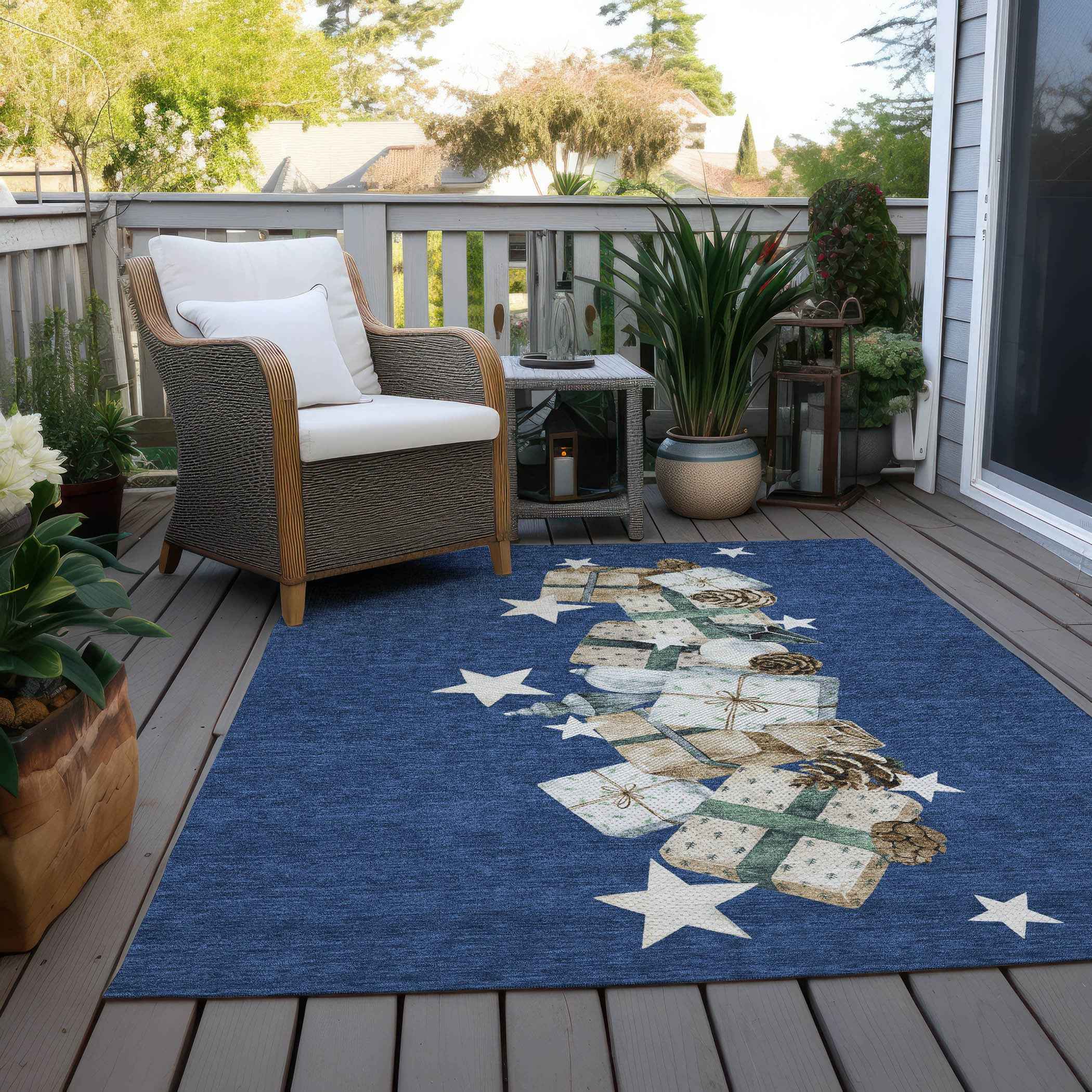 9' X 12' Navy Blue Beige Ivory And Taupe Geometric Washable Indoor Outdoor Area Rug