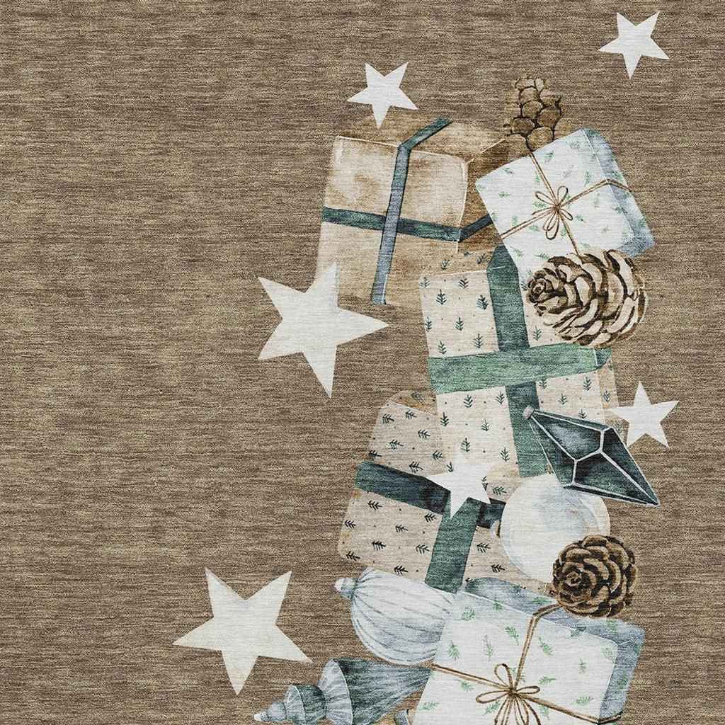 10' X 14' Brown Beige Ivory And Taupe Geometric Washable Indoor Outdoor Area Rug