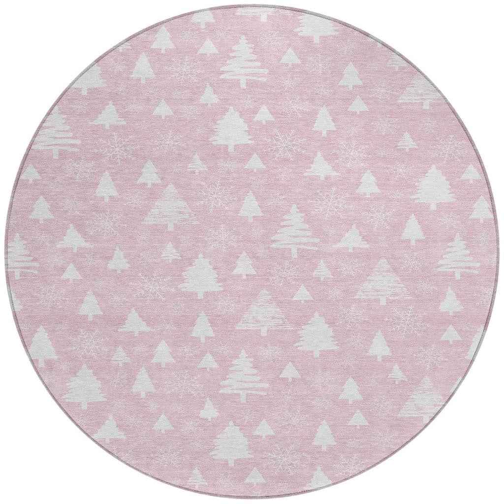 8' Pink And Ivory Round Botanical Leaves Washable Indoor Outdoor Area Rug