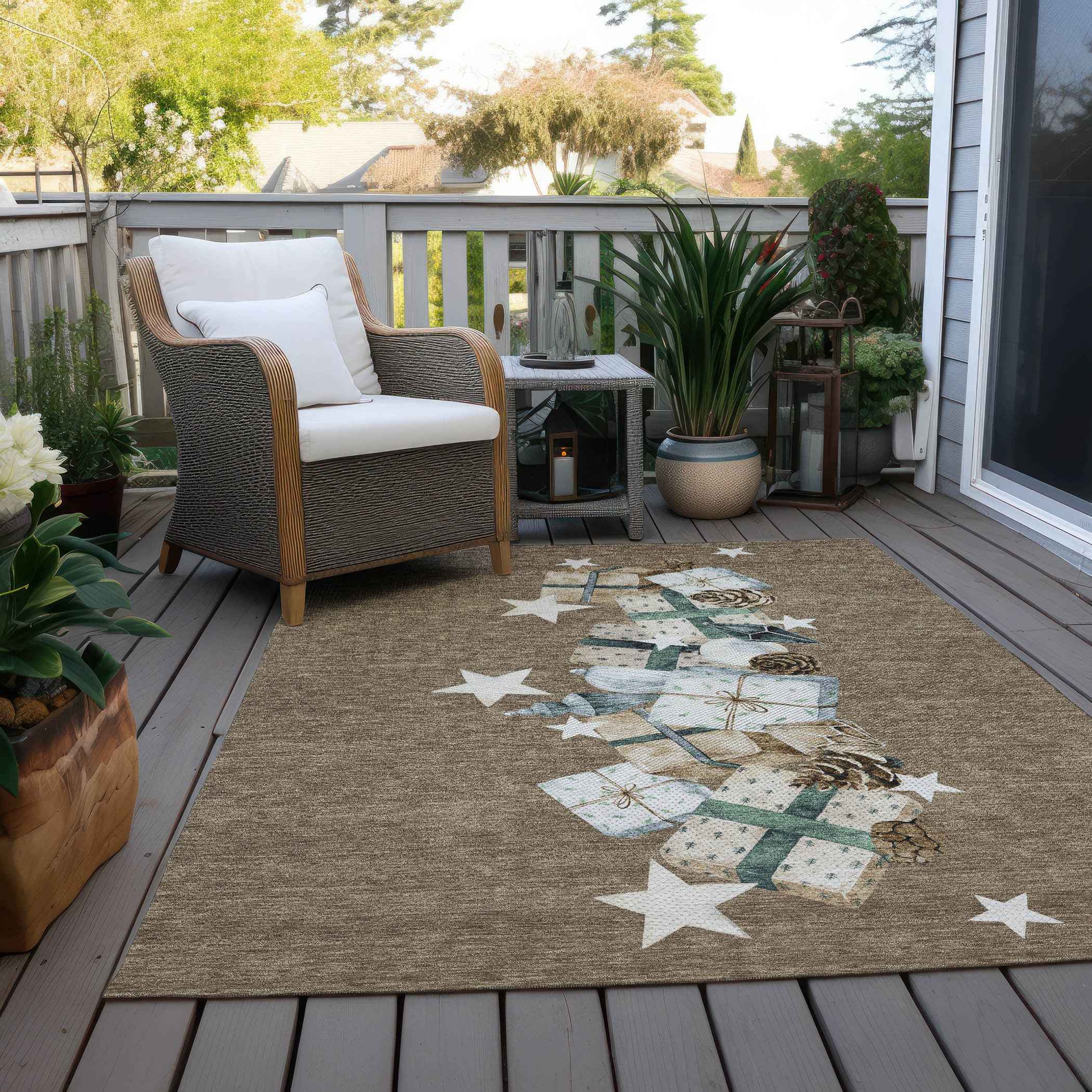 8' X 10' Brown Beige Ivory And Taupe Geometric Washable Indoor Outdoor Area Rug
