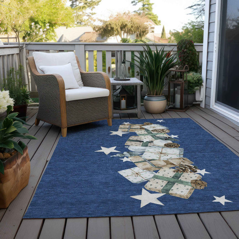 8' X 10' Navy Blue Beige Ivory And Taupe Geometric Washable Indoor Outdoor Area Rug