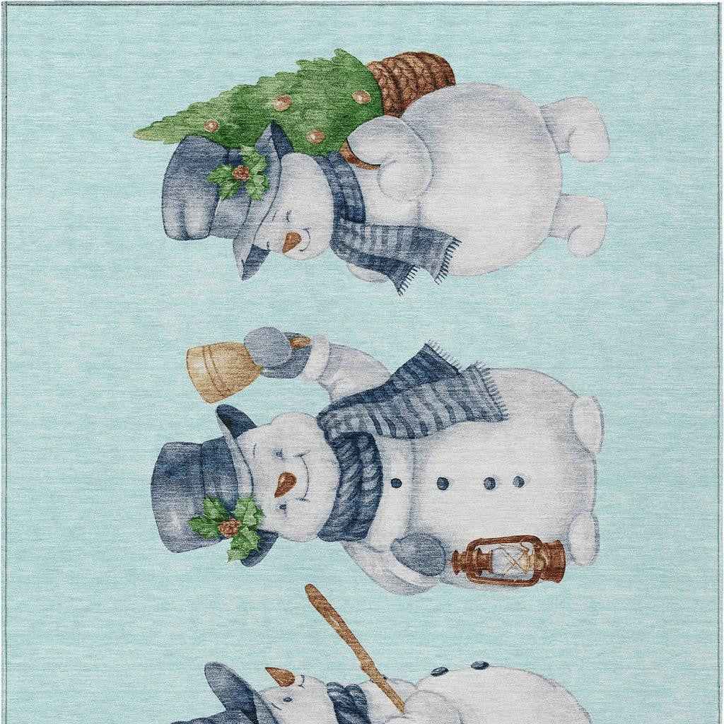 5' X 8' Sky Blue Denim Blue And Ivory Snowmen Washable Indoor Outdoor Area Rug