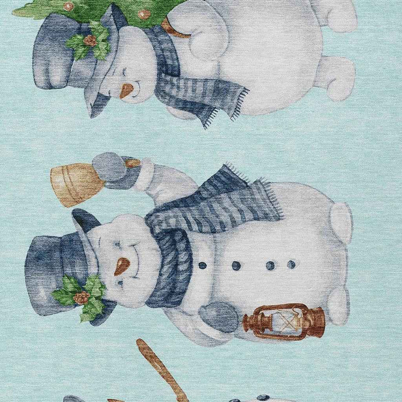 5' X 8' Sky Blue Denim Blue And Ivory Snowmen Washable Indoor Outdoor Area Rug