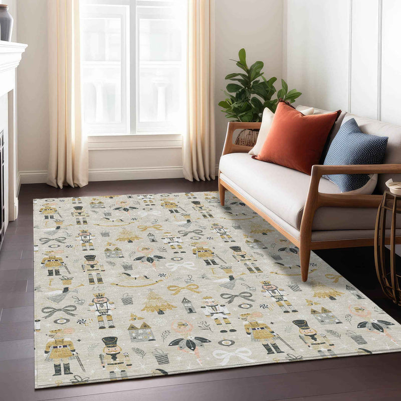 9' X 12' Beige Gold Black And Gray Village Houses Washable Indoor Outdoor Area Rug