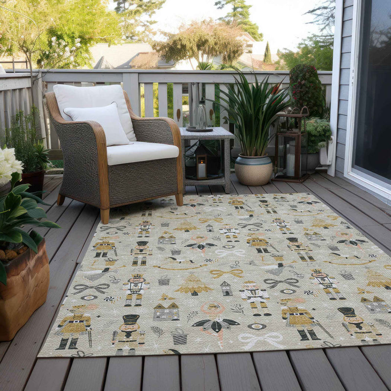 3' X 5' Beige Gold Black And Gray Village Houses Washable Indoor Outdoor Area Rug