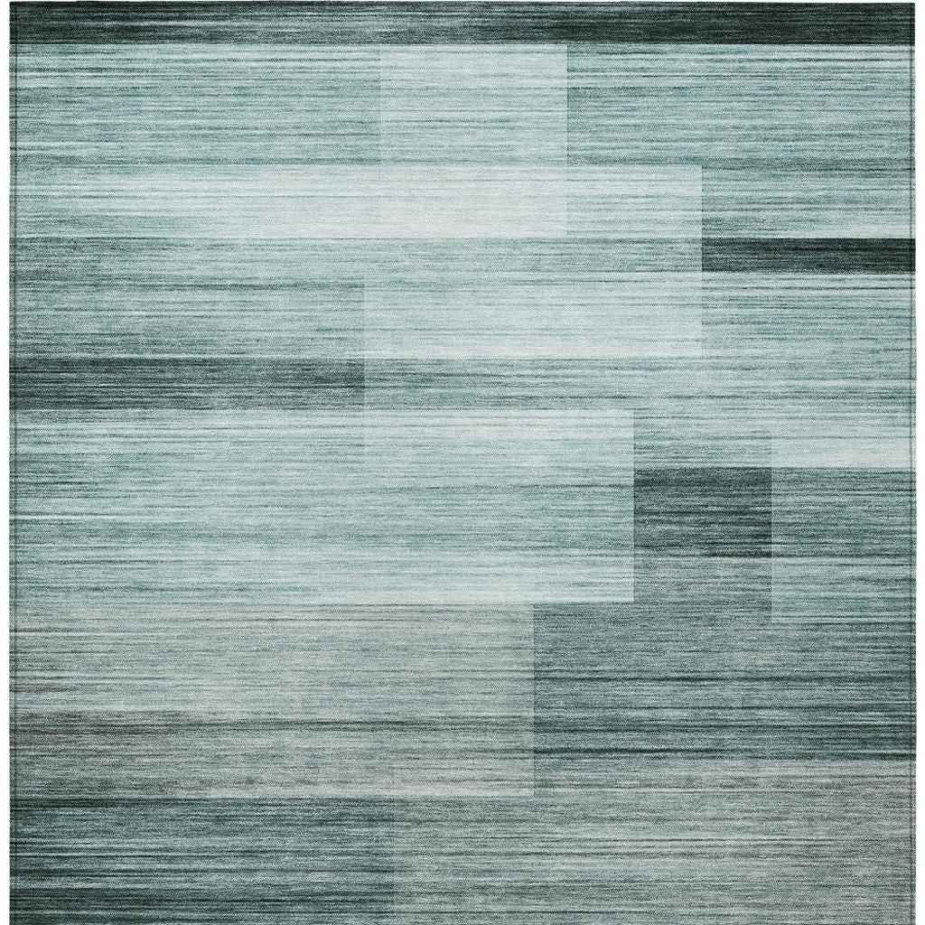 8' X 10' Teal Blue And Ivory Striped Washable Indoor Outdoor Area Rug