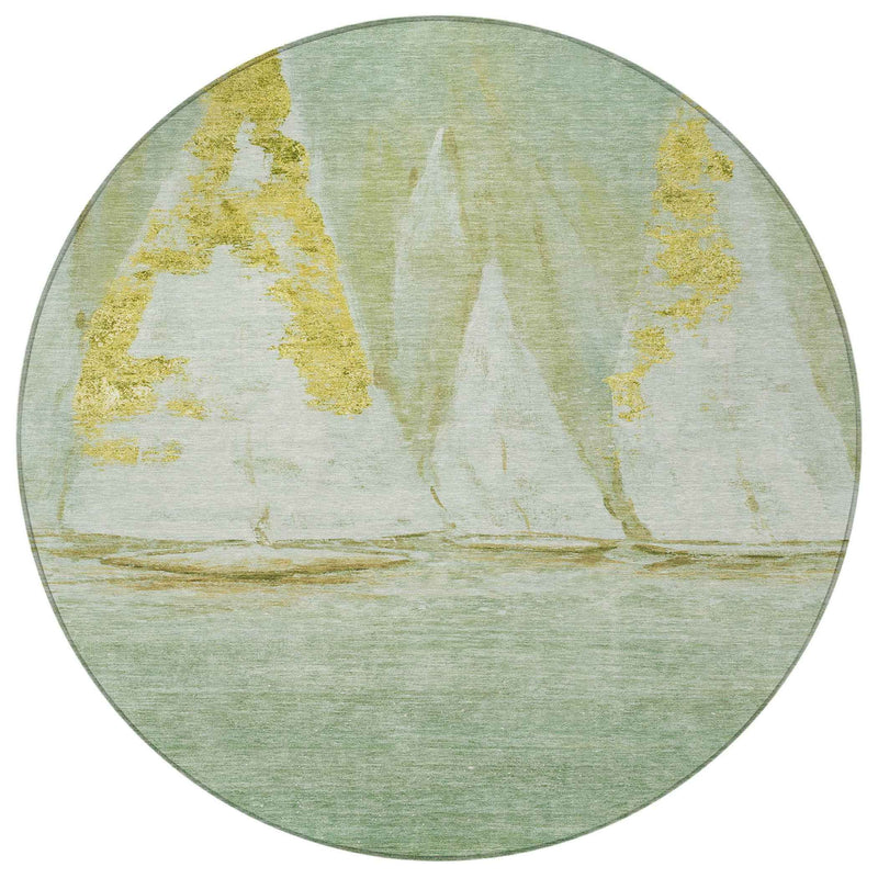 8' Green And Gold Round Nautical Washable Indoor Outdoor Area Rug
