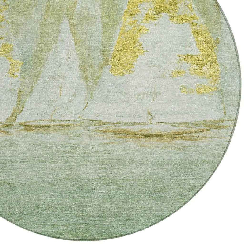 8' Green And Gold Round Nautical Washable Indoor Outdoor Area Rug