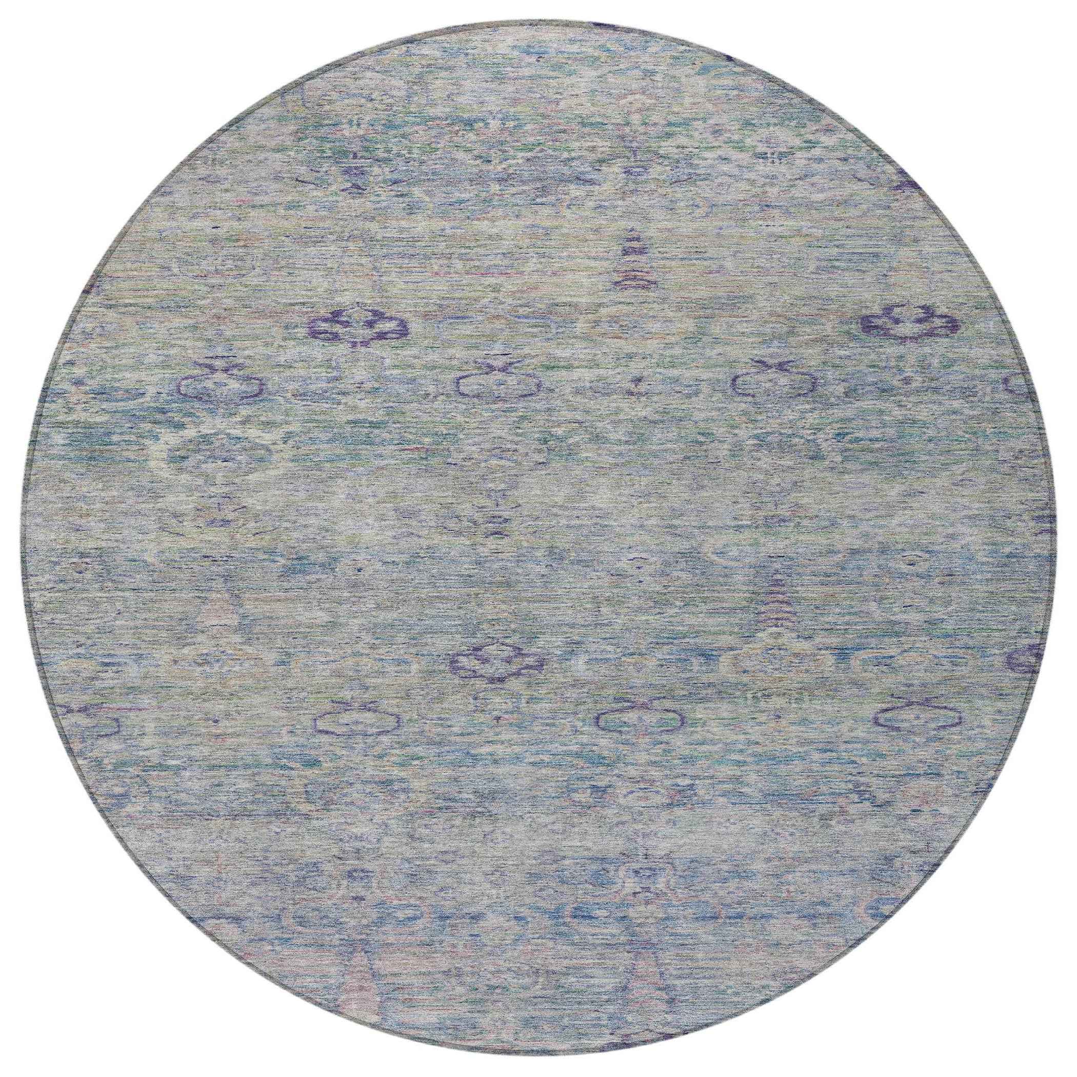 8' Plum And Silver Round Oriental Washable Indoor Outdoor Area Rug