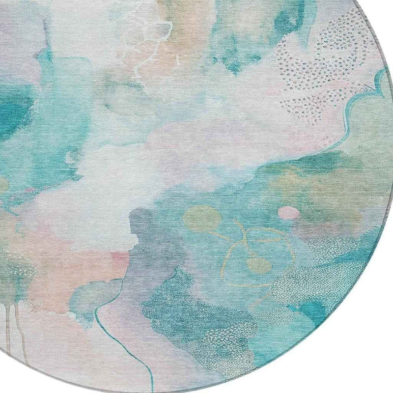 8' Turquoise Blush And Ivory Round Abstract Washable Indoor Outdoor Area Rug