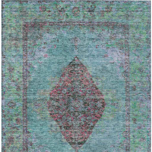 3' X 5' Aqua And Mauve Medallion Washable Indoor Outdoor Area Rug